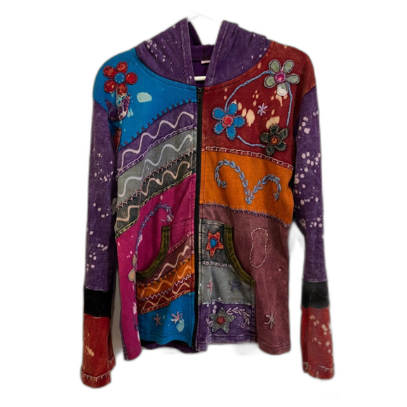 Boho Patch Work Long Sleeve Y2K  90s Full Zip Hoodie Top  Women's Size Large - Picture 2 of 9